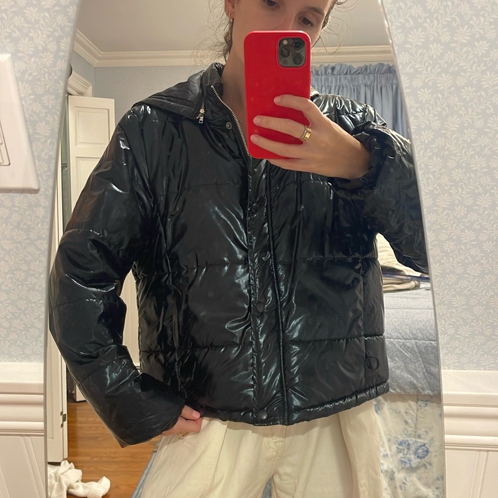 Shiny black puffer coat with hood
